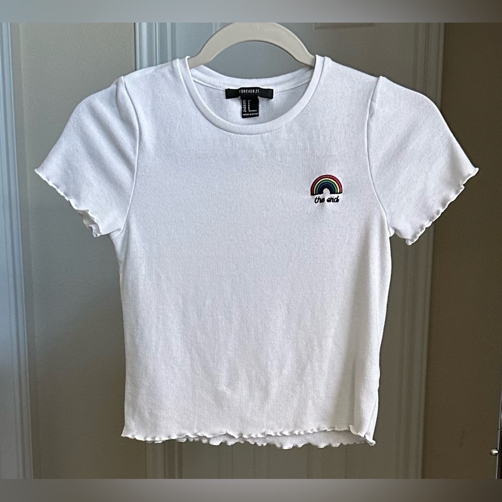 Forever 21 White Tee with Rainbow Detail